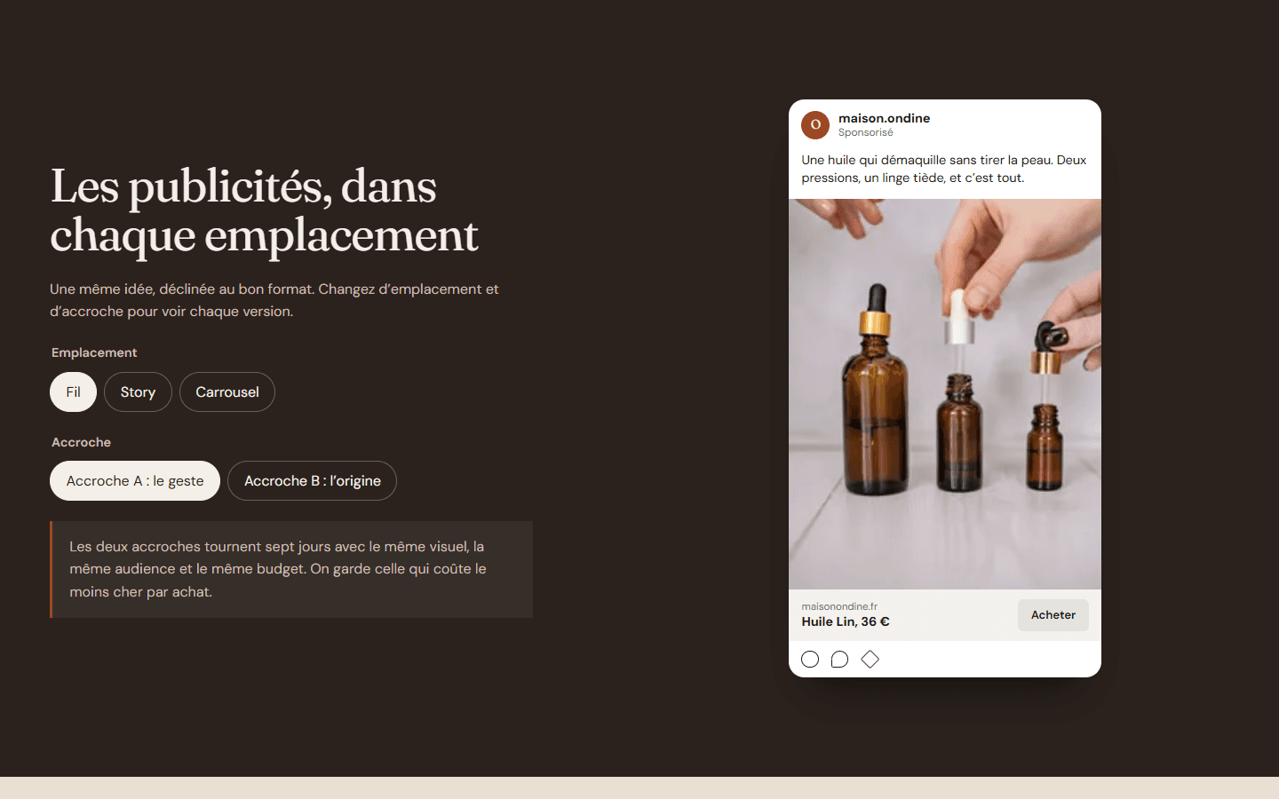 Concept de campagne Meta pour Maison Ondine : une publicité Instagram pour l’Huile Lin et les réglages d’emplacement et d’accroche