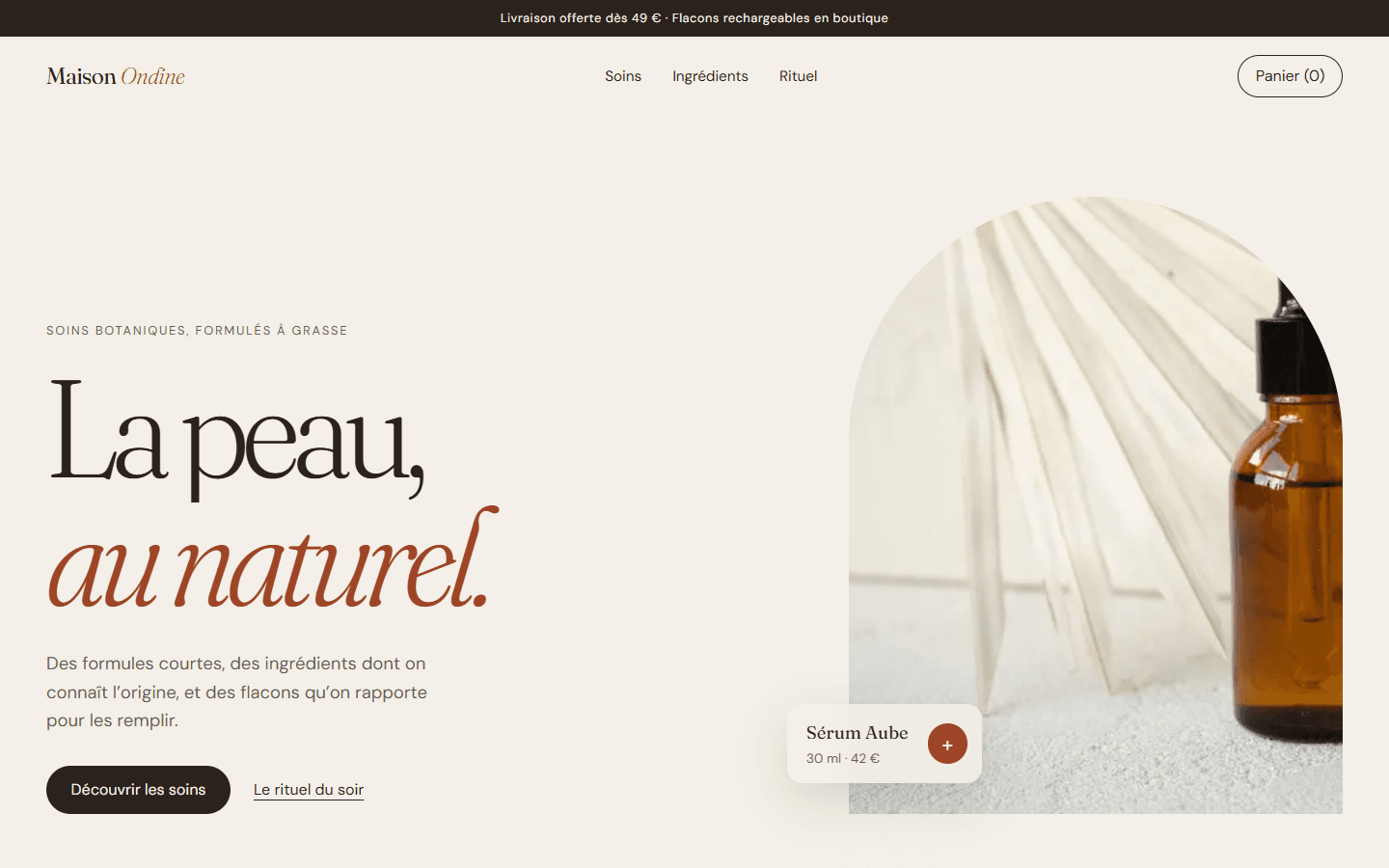 Accueil du concept Maison Ondine : titre « La peau, au naturel » et flacon ambré