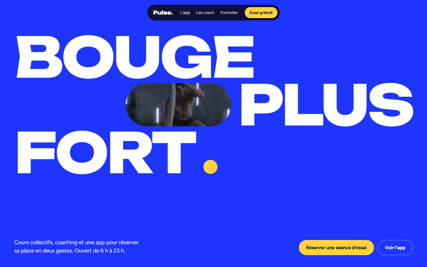 Accueil du concept Pulse Club : « Bouge plus fort » sur fond bleu cobalt