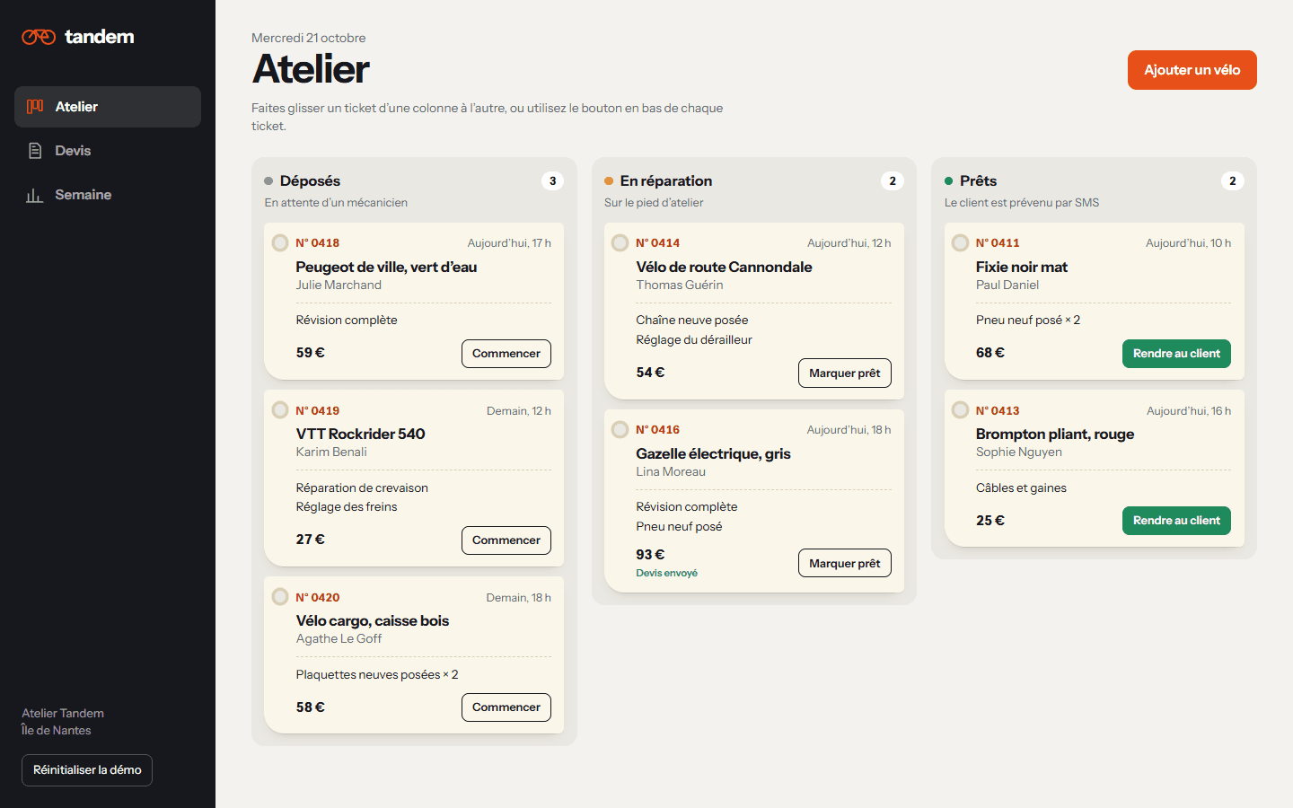 Application Tandem : trois colonnes de tickets d’atelier, déposés, en réparation et prêts