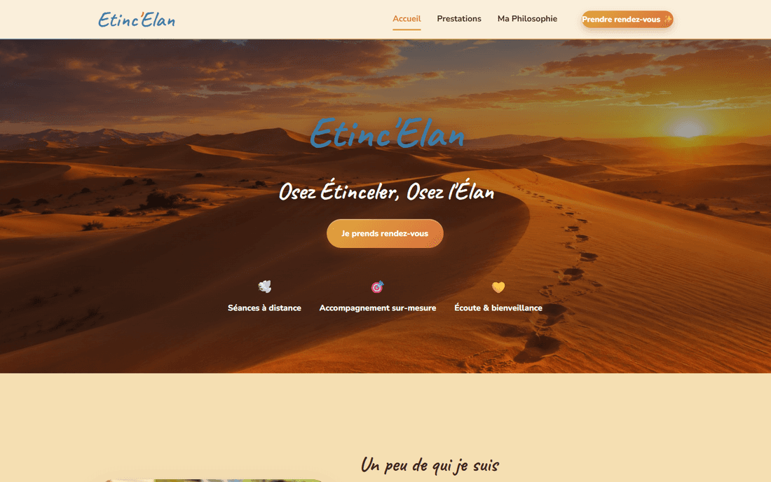 Page d’accueil d’etincelan.fr, avec le logo Etinc’Elan sur une photo de dunes au coucher du soleil