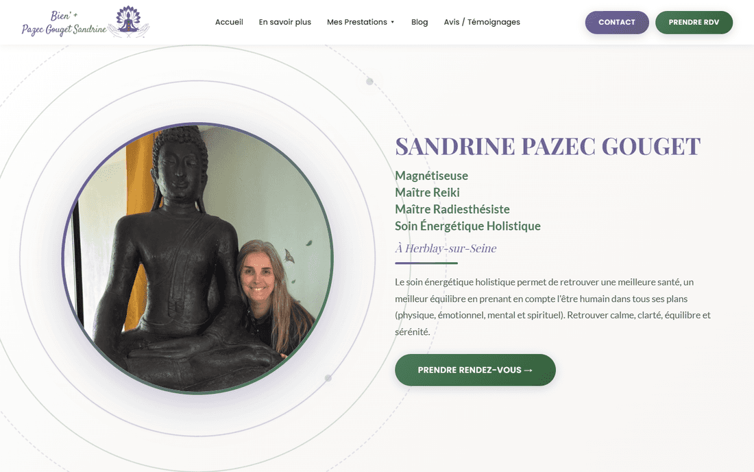 Page d’accueil de spg-magnetiseur.com, avec le portrait de Sandrine Pazec Gouget et un bouton de prise de rendez-vous